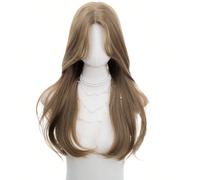 Perruque synthétique droite de 26 pouces de long, style droit naturel, marron lin, design à raie au milieu, convient pour un port quotidien, offre une apparence naturelle et réaliste, cadeau idéal pou