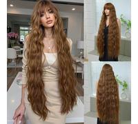 Perruque synthétique extra longue de 45 pouces à ondulations profondes, marron châtain avec frange, coiffure longue et volumineuse, accessoire de style naturel, convient pour le port quotidien, les fê