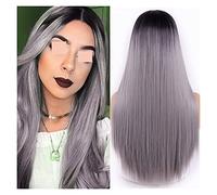 Perruque Synthétique Longue Et Lisse, Perruques Bleues Claires Pour Femmes, Perruque Mixte Noire Et Blonde Avec Raie Centrale, Cheveux Naturels Gris Pour Femmes (9161 R2)