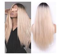 Perruque Synthétique Longue Et Lisse, Perruques Bleues Claires Pour Femmes, Perruque Mixte Noire Et Blonde Avec Raie Centrale, Cheveux Naturels Gris Pour Femmes (15003 R2)