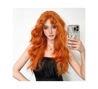 Perruque synthétique longue et ondulée, cheveux Orange, perruques quotidiennes de Cosplay avec frange for femmes, faux cheveux résistants à la chaleur Daily Use