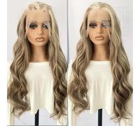 Perruque synthétique longue ondulée pour femme avec mèches blondes - Dentelle frontale - 45,7 cm