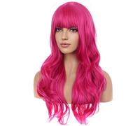 Perruque synthétique longue ondulée rose vif BERON de 66 cm avec frange, perruque longue rose rouge pour fête quotidienne avec bonnet de perruque