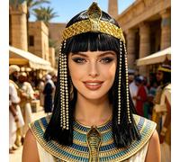 Perruque synthétique noire droite avec perles serpent et pompons, style Cléopâtre, pour Halloween, cosplay, fête sur le thème de l'Égypte ancienne, accessoire de coiffure Black