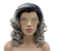 Perruque synthétique ondulée avec dentelle frontale, longueur moyenne, 40,6 cm, racines foncées ombrées grises