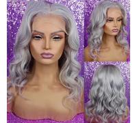 Perruque synthétique ondulée pour femme avec dentelle frontale et ligne de cheveux naturelle Gris clair 9 30,5 cm