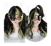 perruque synthétique Perruque de cosplay verte à reflets noirs, perruque bouclée longue vague avec frange de rideau for femmes filles perruque synthétique naturelle de fête d'Halloween Anime perruque