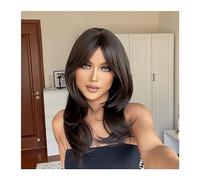 Perruque Synthétique Perruque longue et droite en couches synthétiques brun noir foncé for les femmes avec des franges latérales perruques de cheveux naturels mi-longs résistant à la chaleur Naturelle