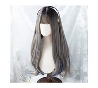 Perruque Synthétique Perruque synthétique longue droite avec frange for femmes filles marron mélangé bleu for cosplay quotidien, perruque résistante à la chaleur naturelle Naturelles Perruques