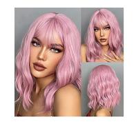 Perruque synthétique Perruques de cheveux synthétiques ondulés courts rose clair avec une frange Cosplay longueur d'épaule naturelle Bob perruque for les femmes Afro fibre résistante à la chaleur Cosp