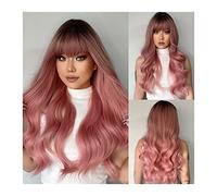 Perruque Synthétique Perruques Gris Rose avec Frange, 26" de Long Ondulé Ombre Racine Foncé for Femme, Cheveux Synthétiques Résistant à la Chaleur for Quotidien/Cosplay/Fête