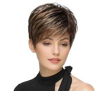 Perruque synthétique Pixie pour femme avec mèches brunes et blondes, haute résistance à la chaleur, réglable pour un port confortable