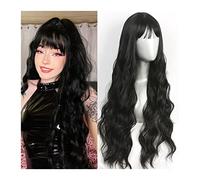 Perruque Synthétique Tendance De 81,3 Cm, Couleur Noire/Marron, Longue Perruque Ondulée Avec Frange Moelleuse Pour Femme À Porter Quotidiennement En Fibre Résistante À La Chaleur, Perruques Grises Po