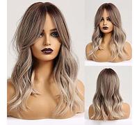 Perruque tendance longue bouclée pour femme avec frange, couleur ombrée, marron cendré à gris, synthétique, résistante à la chaleur, usage quotidien/cosplay, 45,7 cm, ombre_marron