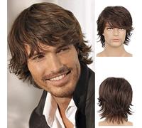 Perruque tendance pour homme, avec une longue frange sur la bande marron et une forme moelleuse, adaptée pour les fêtes à thème, cosplay, Halloween, concerts, mariages, rendez-vous et toute autre