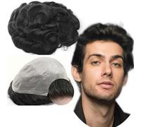 perruque Toupet de vrais cheveux humains européens for hommes, 8x10 pièces ondulées, postiche de remplacement, prothèse, système de peau PU perruque pour hommes(Jet Black)