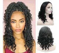 Perruque tressée de 40,6 cm pour femme - Cheveux synthétiques noirs naturels de longueur moyenne - Tresses noires 1B avec extrémités bouclées - Perruque synthétique pour femme noire - Crochet bohème -