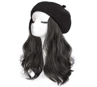 Perruque tricotée for femme, chapeau tricoté chaud for l'hiver, perruque béret for femme, casquette nuageuse longue bouclée ondulée, perruque à tête ondulée(Black Hat Brown Black)