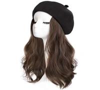 Perruque tricotée for femme, chapeau tricoté chaud for l'hiver, perruque béret for femme, casquette nuageuse longue bouclée ondulée, perruque à tête ondulée(Black Hat Cool Brown)