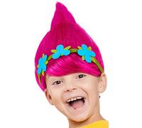 Perruque Troll pour enfants filles & garçons en rose, turquoise et vert pour compléter le costume de Trolls pour Mardi Gras et Carnaval (rose + couronne de fleurs)
