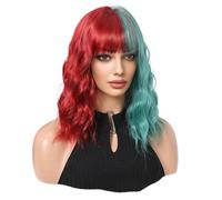 Perruque verte avec frange, courte, ondulée, bouclée, coupe au carré, vert clair, synthétique, résistante à la chaleur, for déguisements d'Halloween, cosplay, quotidien(Red+Green)