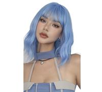 Perruque verte avec frange, courte, ondulée, bouclée, coupe au carré, vert clair, synthétique, résistante à la chaleur, for déguisements d'Halloween, cosplay, quotidien(Light blue)