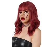 Perruque verte avec frange, courte, ondulée, bouclée, coupe au carré, vert clair, synthétique, résistante à la chaleur, for déguisements d'Halloween, cosplay, quotidien(Wine Red)