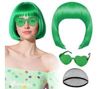 Perruque verte avec lunettes de soleil en forme de cœur et bonnet pour femme perruque courte synthétique colorée PLULON postiche humoristique pour enterrement de vie de jeune fille ou Halloween