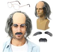 Perruque Vieux Homme Deguisement Adulte, Perruque Calvitie Gris de Savant Fou Einstein, Bonnet Chauve en Latex, Grand père Accessoire Halloween Fêtes Costume Cosplay
