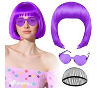 Perruque violette avec lunettes de soleil en forme de cœur et bonnet pour femme perruque courte synthétique PLULON postiche amusant et coloré pour enterrement de vie de jeune fille ou Halloween