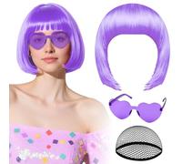 Perruque violette claire avec lunettes de soleil en forme de cœur et bonnet pour femme perruque courte synthétique PLULON postiche amusant et coloré idéal pour un déguisement d'Halloween ou une fête