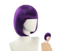 Perruque violette courte de 12 pouces, perruque violette foncée lisse avec frange réglable, respirante, aspect naturel, fibre synthétique résistante à la chaleur pour Halloween, fête, cosplay...