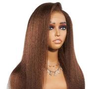 Perruque Yaki lisse et crépue naturelle, 26 pouces, marron doux, pre-plucked, perruques synthétiques sans colle avec Lace Front de densité 180 for femmes Effet naturel et Volumineux