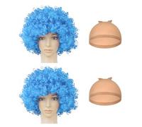 Perruques africaines bleues en 2 pièces avec 2 filets de perruque, perruque de clown folle, cheveux bouclés unisexes, cheveux synthétiques, accessoires de costume, look perruque mascarade