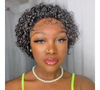 Perruques afro bouclées courtes Pixie Perruque courte bouclée Pixie de 6 pouces, 13x1 HD Lace Front Pixie Perruque courte bouclée for femmes noires utilisation quotidienne de cosplay de fête.(Black)