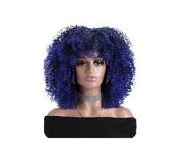 Perruques afro bouclées crépues de 40 cm for femmes noires, perruque courte d'aspect naturel avec frange, cheveux synthétiques sans dentelle sur le devant, for une soirée quotidienne(Dark Blue)