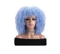 Perruques afro bouclées crépues de 40 cm for femmes noires, perruque courte d'aspect naturel avec frange, cheveux synthétiques sans dentelle sur le devant, for une soirée quotidienne(Blue)