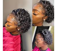 Perruques Afro courtes bouclées coupe Pixie, perruque Pixie courte bouclée 6 pouces, perruque bouclée Pixie en dentelle 13x1 cheveux humains, for usage quotidien cosplay fête des femmes noires.(Black)