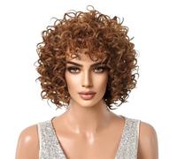 Perruques afro courtes bouclées for femmes noires, perruque Bob crépue brune mixte avec frange latérale, cheveux synthétiques africains complets(Brown)