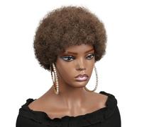 Perruques Afro for femmes courtes crépues bouclées sans colle, cheveux humains d'aspect naturel des années 70 avec frange, poils bouffants rebondissants for usage quotidien de fête(Medium Brown)