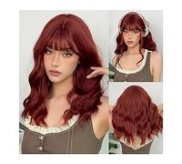 Perruques avant en dentelle cheveux humains Perruque frisée marron rouge de longueur moyenne avec frange synthétique Cosplay perruques de cheveux naturels ondulés for les femmes fibre résistante à la