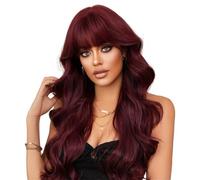 perruques avec une frange soignée pour les femmes Couvre-tête complet rouge framboise, grande vague, ensemble de perruques naturelles longues et bou s for femmes ondulé frisé