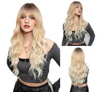 perruques avec une frange soignée pour les femmes Frange, grosses vagues, perruque de cheveux longs et bouclés, couvre-tête complet, naturellement moelleux ondulé frisé(D)
