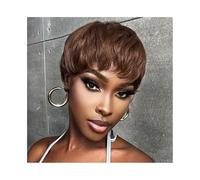perruques avec une frange soignée pour les femmes Perruque courte coupe Pixie marron chocolat, cheveux humains, perruques fabriquées à la machine avec frange ondulé frisé(Chocolate Brown)