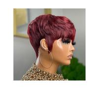 perruques avec une frange soignée pour les femmes Perruque courte coupe Pixie marron chocolat, cheveux humains, perruques fabriquées à la machine avec frange ondulé frisé(99J Burgundy)