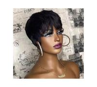 perruques avec une frange soignée pour les femmes Perruque courte coupe Pixie marron chocolat, cheveux humains, perruques fabriquées à la machine avec frange ondulé frisé(Natural Black)