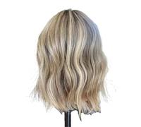 perruques avec une frange soignée pour les femmes Perruque courte ondulée en fibre synthétique haute température, blond cendré, mèches blondes, 13x4, sans colle, coupe bob ondulé frisé(16inches)