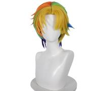 perruques avec une frange soignée pour les femmes Perruque de cosplay courte dégradé arc-en-ciel avec blocage couleur jaune, orange, vert et bleu ondulé frisé