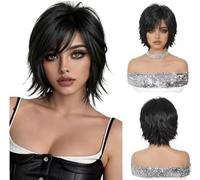 perruques avec une frange soignée pour les femmes Perruque noire taille haute, cheveux courts, frange à huit personnages, style neutre, véritable couvre-chef complet, tenue quotidienne ondulé frisé(B)