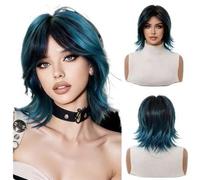 perruques avec une frange soignée pour les femmes Perruque noire taille haute, cheveux courts, frange à huit personnages, style neutre, véritable couvre-chef complet, tenue quotidienne ondulé frisé(C)